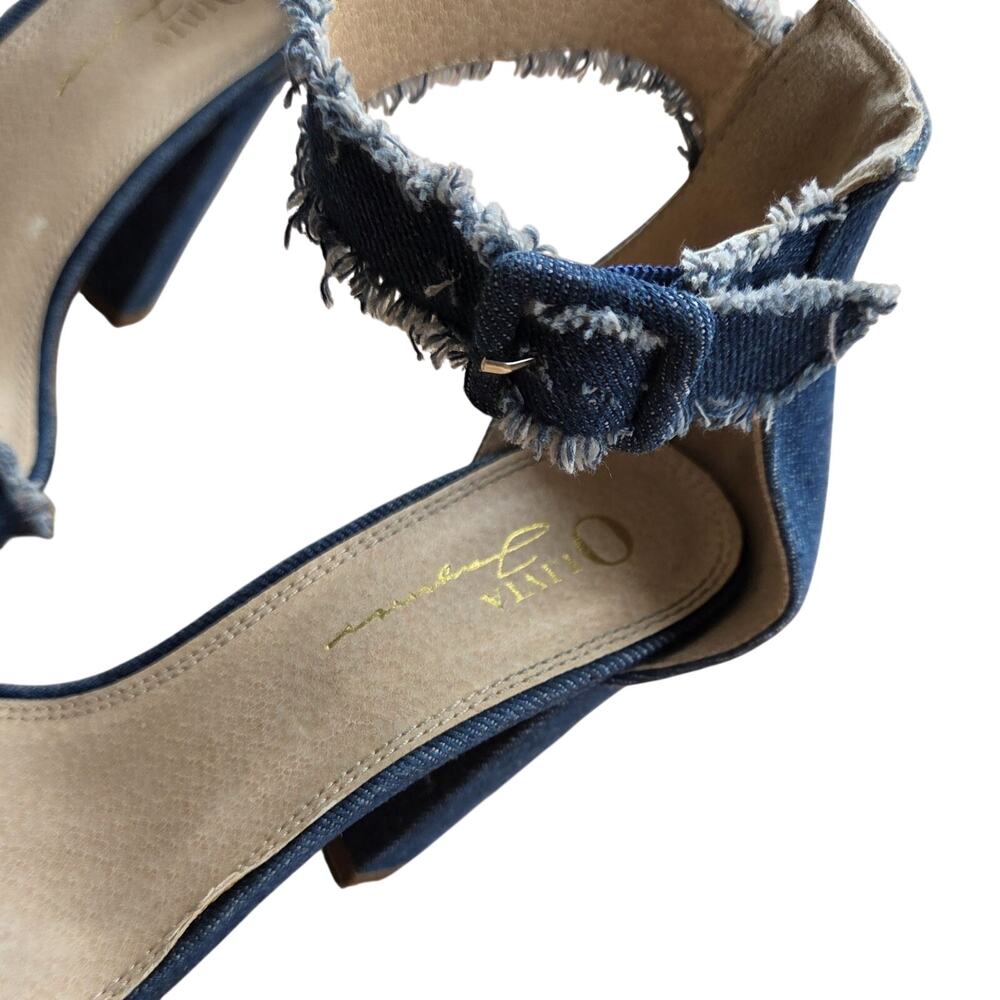 Olivia Ferguson Denim Block Heel Sandals 7 Frayed Barely There Chic - Picture 8 of 10